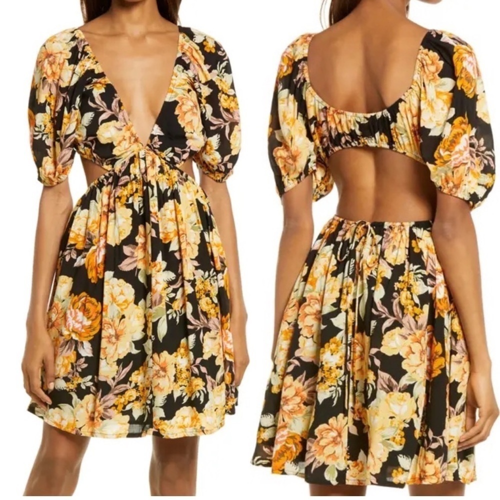 Bardot floral flower print short puff sleeve cut-out V-neck dress M open back